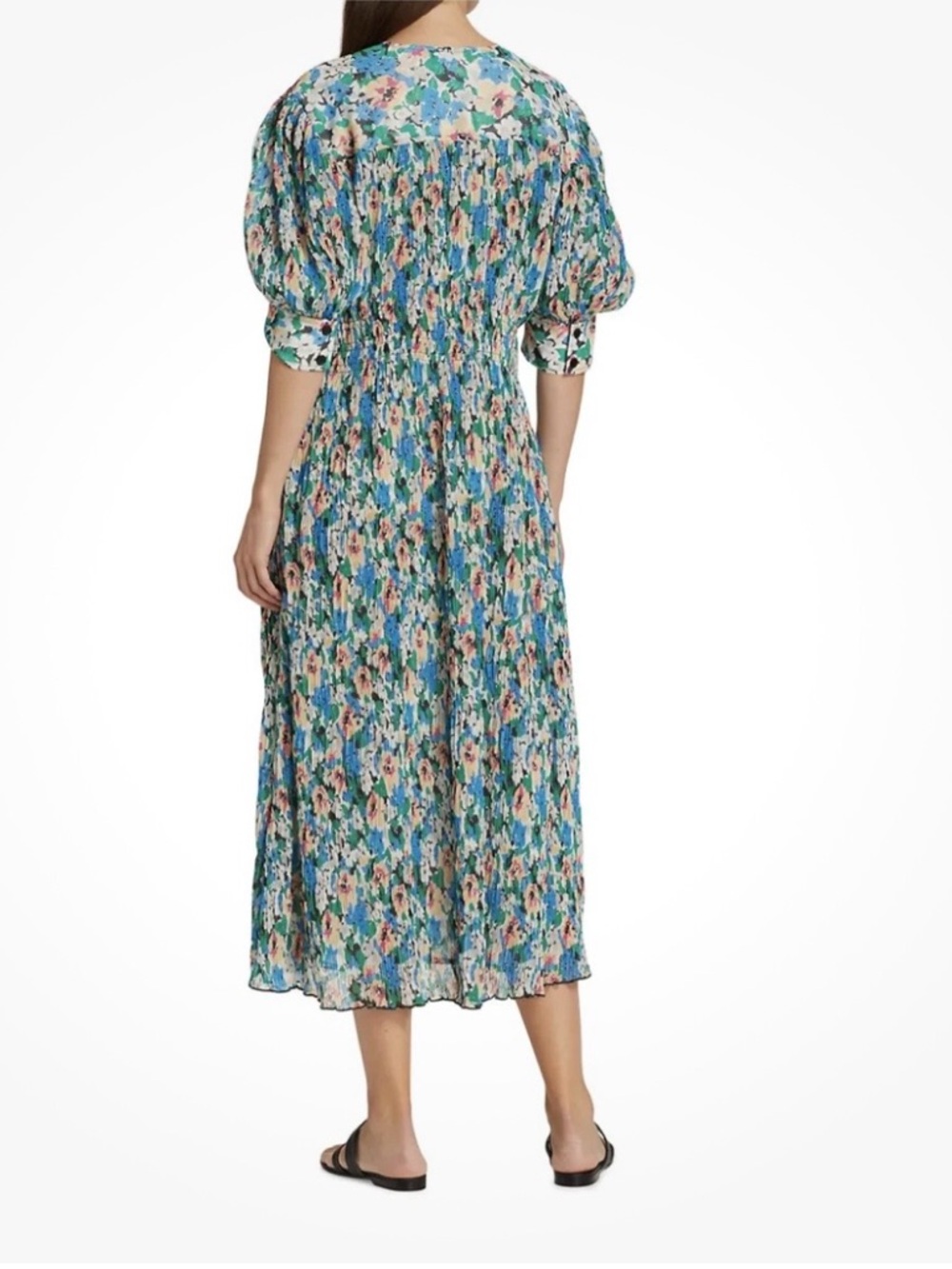 GANNI Blue Floral Pleated Georgette Midi Dress EU 34 US 2 Puff Sleeve Smocked - Picture 4 of 8
